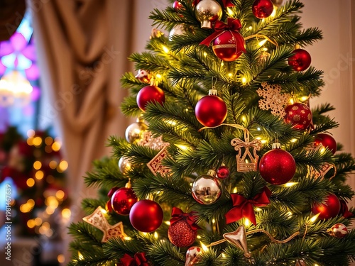 Ornate Christmas tree adorned with baubles and fairy lights,  twinkling,  lights