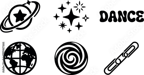 Black and white icons of planet star swirl globe dance and chain link