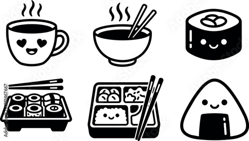 Black and white kawaii sushi bento cup and onigiri line art vector icons set