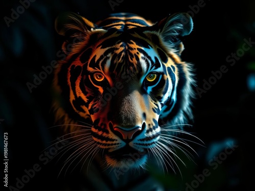 Tiger's smoldering embers of eyes, stripes sculpted by shadow and stark light, jungle veil,  chiaroscuro,  shallow depth of field