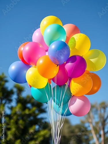 A cluster of assorted brightly colored balloons rises up, a symbol of optimism and carefree moments,  optimistic,  vivid