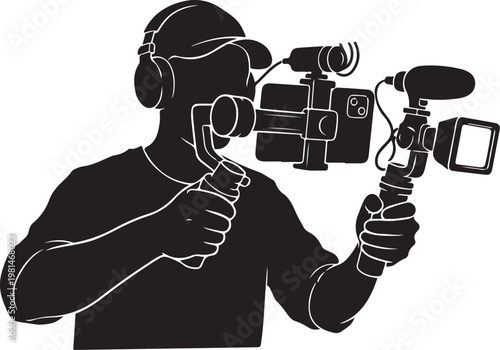Videographer recording video with camera and microphone equipment