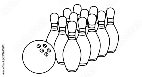 Bowling Pins and Ball Vector Illustration, Classic Ten-Pin Game Equipment Setup, Simple Black and White Line Art Graphic for Sports Design Projects