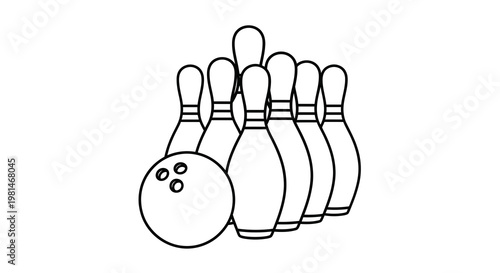 Bowling Pins and Ball Vector Illustration, Minimalist Line Art Style Graphic for Sports Branding and Leisure Activity Design Projects