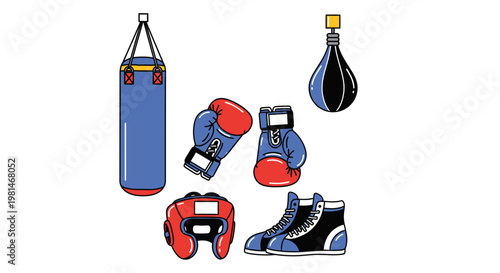 Boxing Equipment Set Vector Illustration Featuring Gloves Punching Bag Headgear and Shoes for Combat Sports Training and Fitness Activity Design Elements