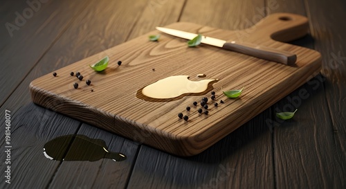 Wooden cutting board with knife, oil, and peppercorns.