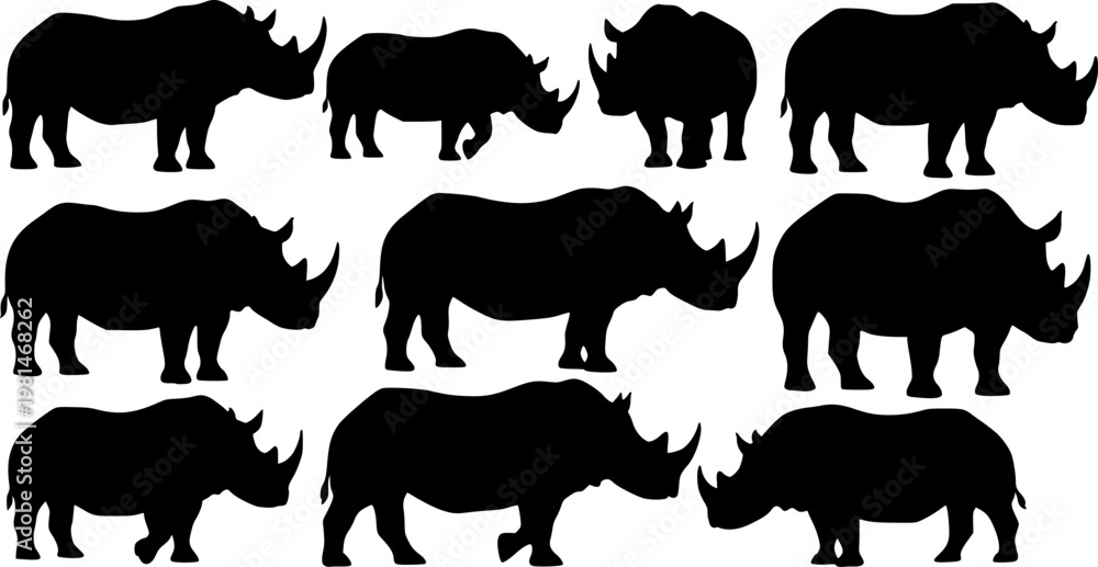 Fototapeta premium Collection of black rhino silhouettes in various poses, representing wildlife and nature conservation. 