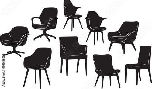 Collection of various modern black chairs on white background