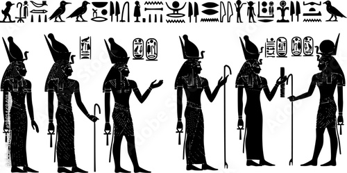 Collection of ancient Egyptian hieroglyphs and deities depicted in black silhouette style.
