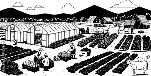 Silhouette panorama of a farm with greenhouse, people working, fresh produce, and farm animals in a rural landscape.
