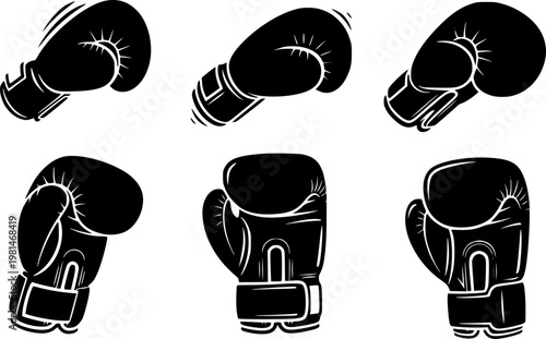Collection of six stylized black boxing glove icons on a white background, representing combat sports and fitness.
