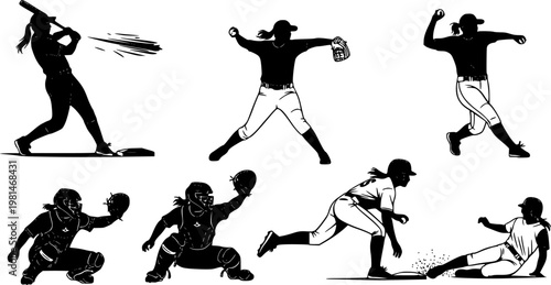 Collection of Silhouette Illustrations of Women Playing Baseball in Various Poses.
