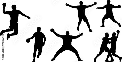 Silhouette collection of handball players in various dynamic poses during a game, isolated on white background.
