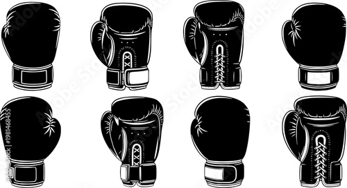 Collection of six stylized black boxing glove icons on a white background, representing combat sports and fitness.
