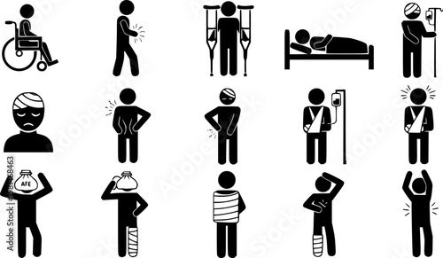 Collection of stick figure icons depicting injuries, pain, and recovery, including wheelchair, crutches, and hospital bed.
