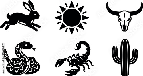 Black and white southwestern icons of rabbit sun bull skull snake scorpion and cactus