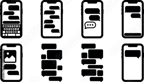 Black and white mobile phone chat message icons set in flat vector art