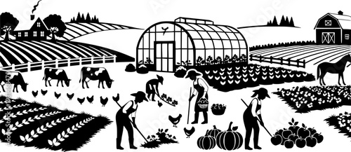 Silhouette panorama of a farm with greenhouse, people working, fresh produce, and farm animals in a rural landscape.

