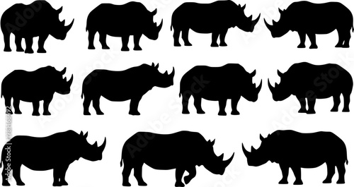 Collection of black rhino silhouettes in various poses, representing wildlife and nature conservation.
