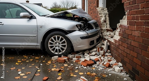 Silver car crashed into a brick wall, causing damage. Debris is scattered on wet asphalt