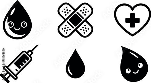 Black blood drop with happy face syringe and medical cross heart icons