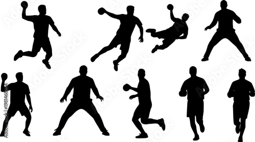 Silhouette collection of handball players in various dynamic poses during a game, isolated on white background.
