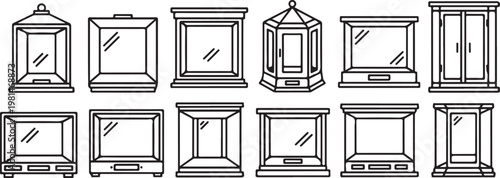 A collection of various classic wooden cabinet designs with glass doors Vector