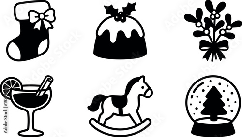 Black and white christmas icons stocking pudding mistletoe cocktail rocking horse snow globe