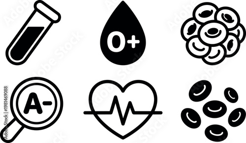 Black and white blood type icons with test tube and heartbeat vector art