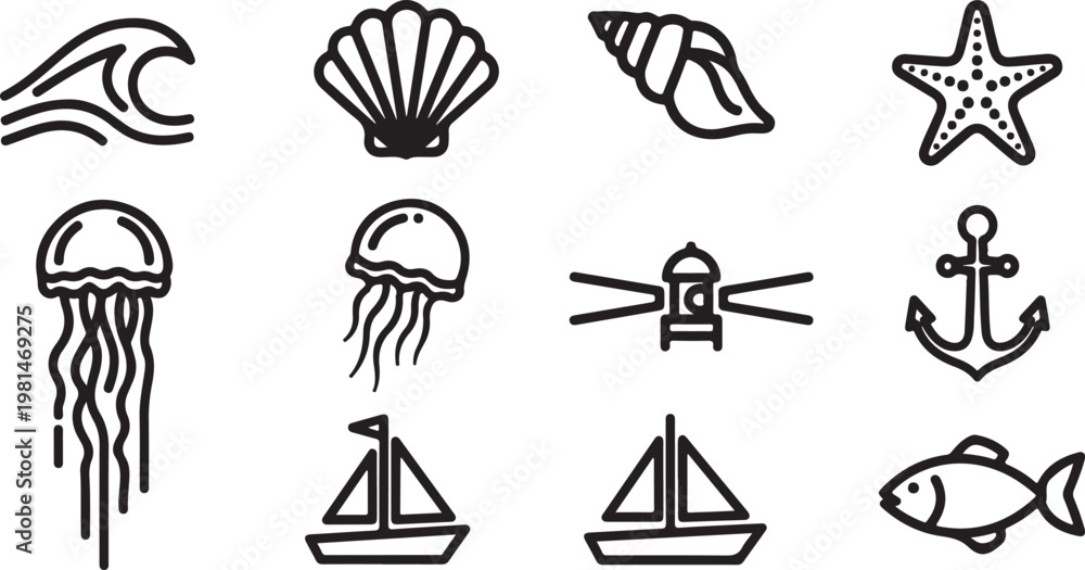 Fototapeta premium A collection of twelve symbolic line-drawn icons representing common concepts and objects Vector