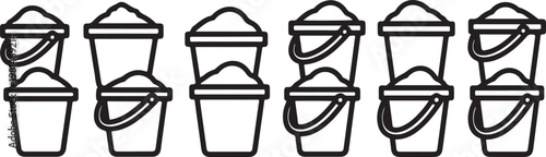 A row of identical black buckets with handles and lids Vector