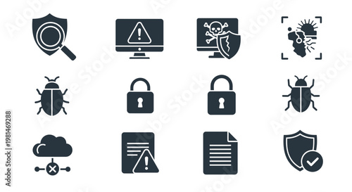 A set of security icons including shields, locks, bugs, and warning signs in a flat, minimalist design style.