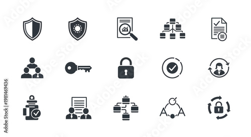 A set of black and white security icons including shields, locks, and keys
