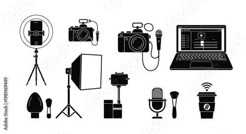 A collection of black vector icons depicting various photography and recording equipment on a white background