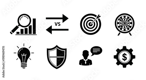 A set of black and white vector icons representing business and strategy concepts