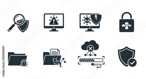 A set of security icons including shields, locks, and computers with malware and protection symbols
