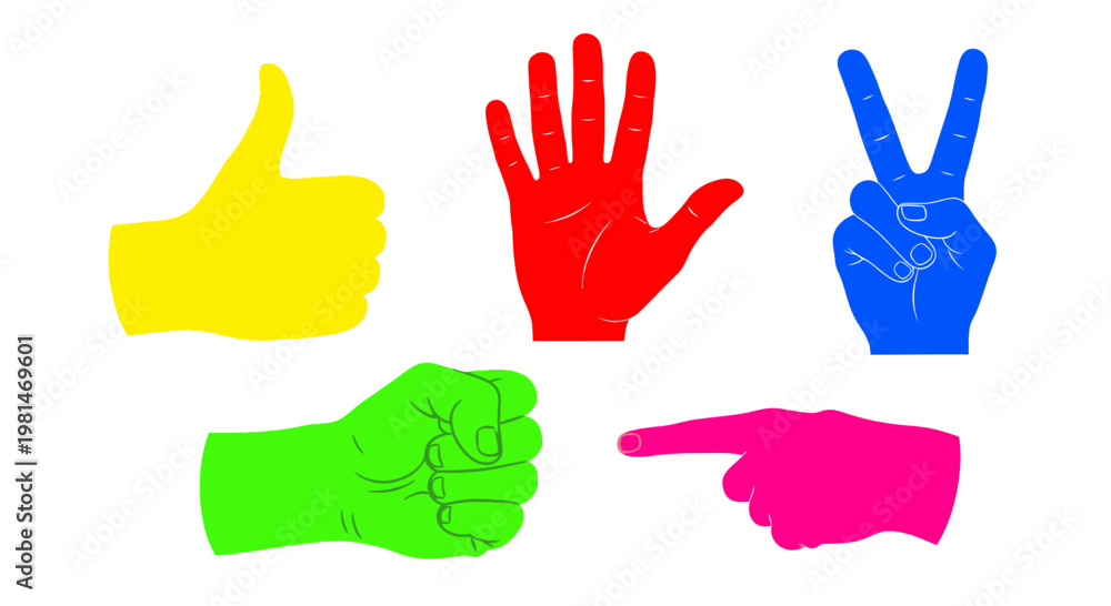 Fototapeta premium Colorful Hand Gestures: Thumbs Up, Fist, Victory, Pointing, Open Palm