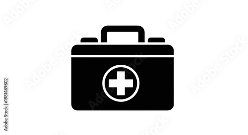 A simple black and white illustration of a first aid kit with a handle and a white cross on the front