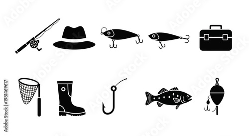 A set of black silhouette icons depicting various fishing related objects and equipment