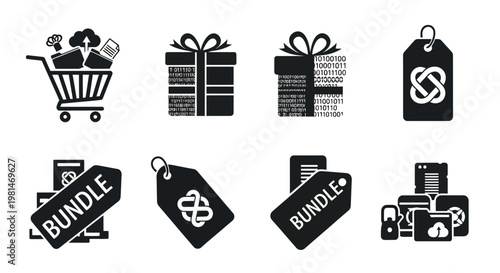 A set of black and white vector icons depicting e-commerce and shopping concepts