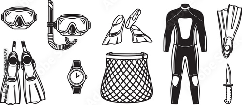 A collection of everyday items including sports gear, kitchen tools and clothing items Vector