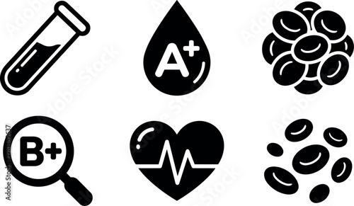 Black and white blood test icons with heart pulse and grade symbols