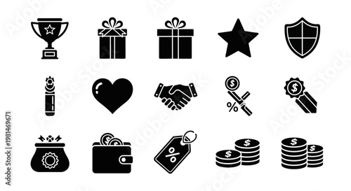 A set of black and white vector icons representing finance, business, and reward concepts