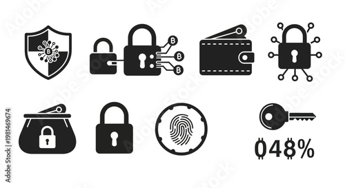 A set of black and white vector icons representing security and protection concepts