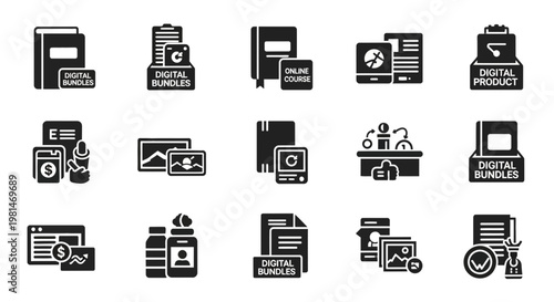 A set of black and white vector icons representing digital products and online courses