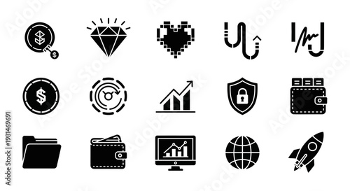 A set of black and white vector icons representing finance, technology, and business concepts