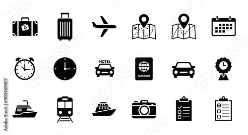 Fotografia A set of black and white travel icons on a white background