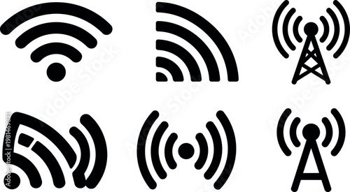 Black wifi and radio signal icons set with transmitter towers