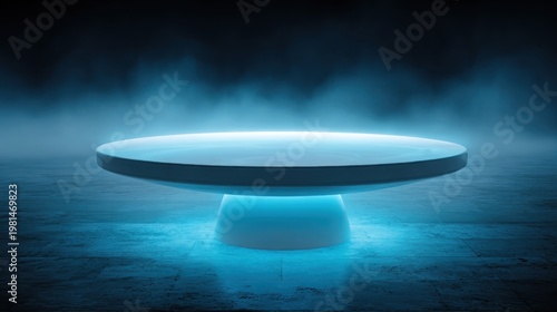 Illuminated circular platform rests upon a textured surface surrounded by atmospheric haze