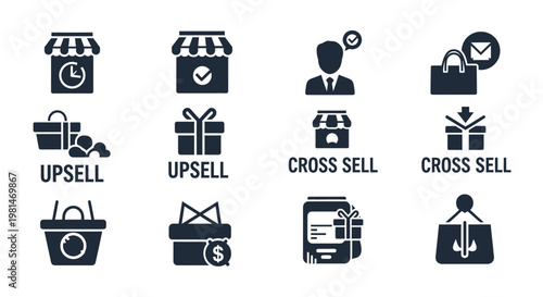 A set of black and white vector icons representing e-commerce concepts such as upselling and cross-selling